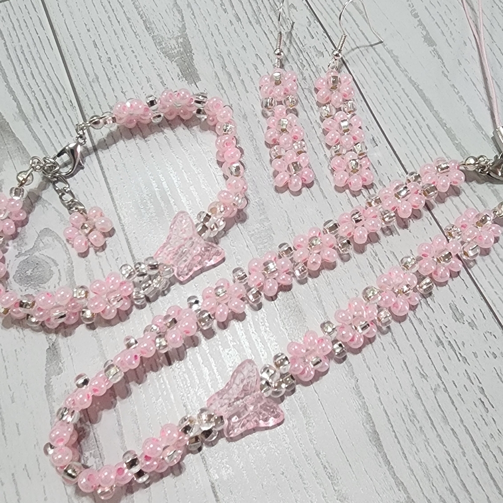 Hand Crafted Pink and Silver Beaded Jewelry Set